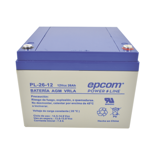 BaterÃ­a 12 Vcc / 26 Ah / UL / TecnologÃ­a AGM-VRLA / Para uso en equipo electrÃ³nico Alarmas de intrusiÃ³n / Incendio/ Control de acceso / Video Vigilancia / Terminales de tornillo M5 ( HEX ) / Cargador recomendado CHR-80.